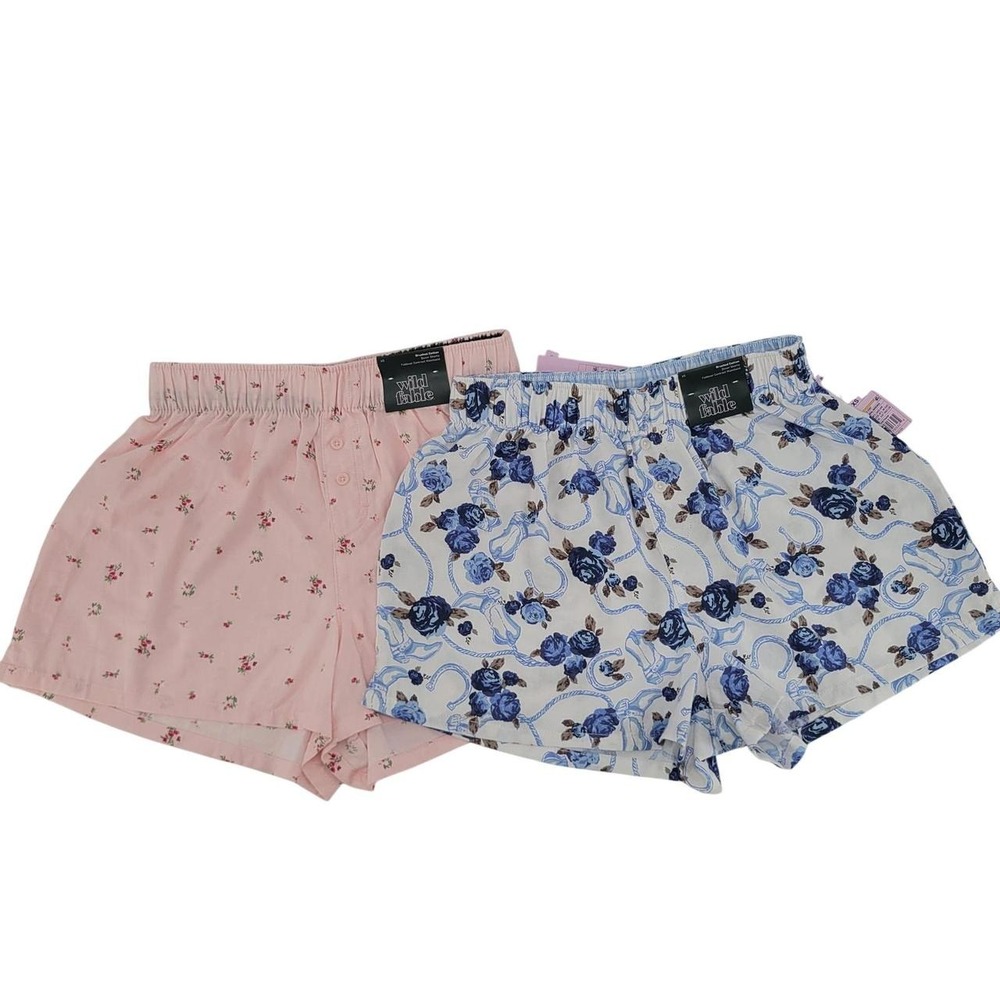 Wild Fable Womens 2PK Brushed Cotton Boxer Shorts Floral Horseshoe Pink Blue XS